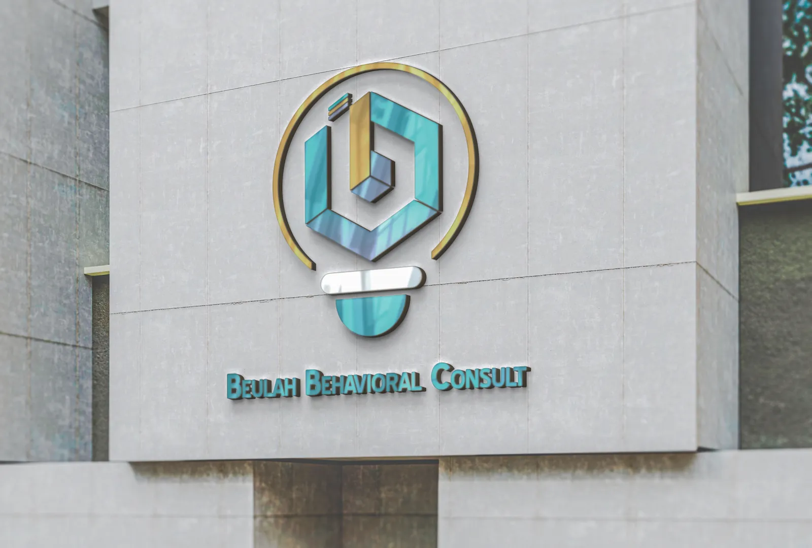 A mockup of the Beulah Behavioral Consult logo on a building