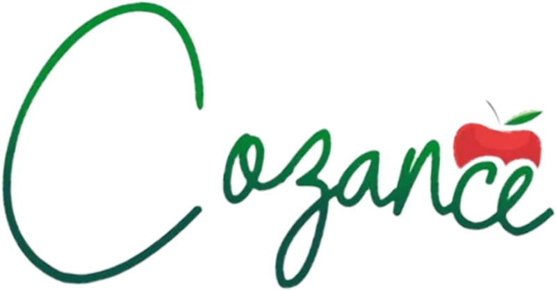 The Cozance logo, a green script with a red apple