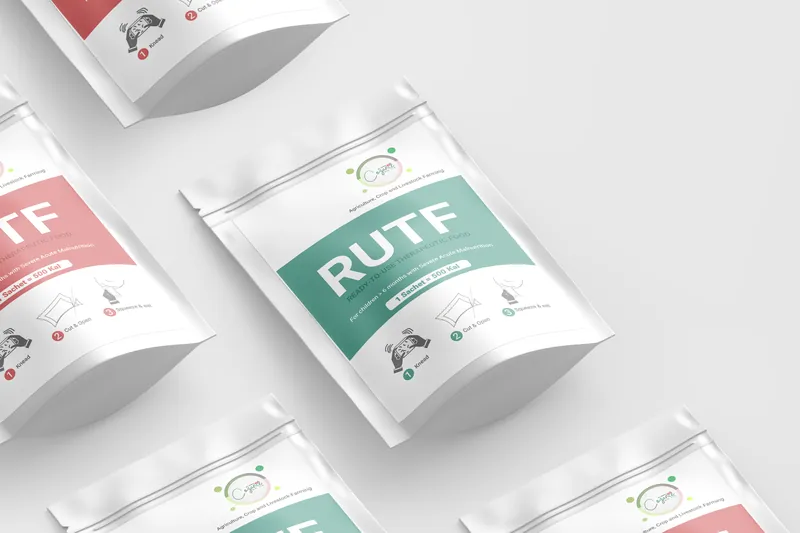 RUTF sachets in green and red