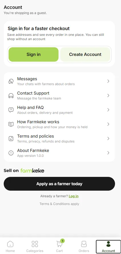Farmkeke account screen: sign in, support, and apply to sell as a farmer