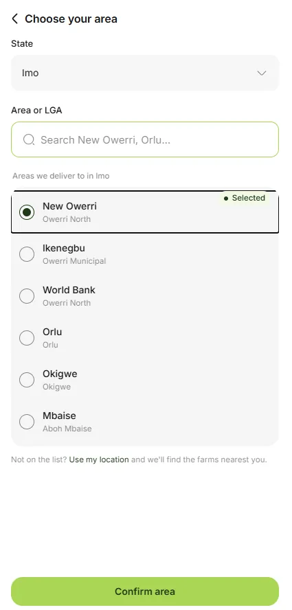 Farmkeke area picker: the state and the areas it delivers to