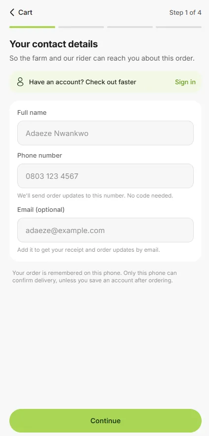 Farmkeke checkout, step one: name, phone number and email