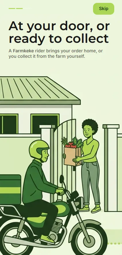 Farmkeke welcome screen: delivery by a Farmkeke rider, or pickup at the farm