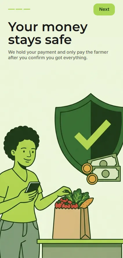 Farmkeke welcome screen: the farmer is paid only after you confirm delivery