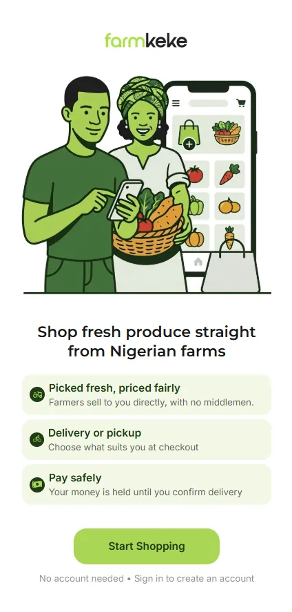Farmkeke start screen: shop fresh produce straight from Nigerian farms