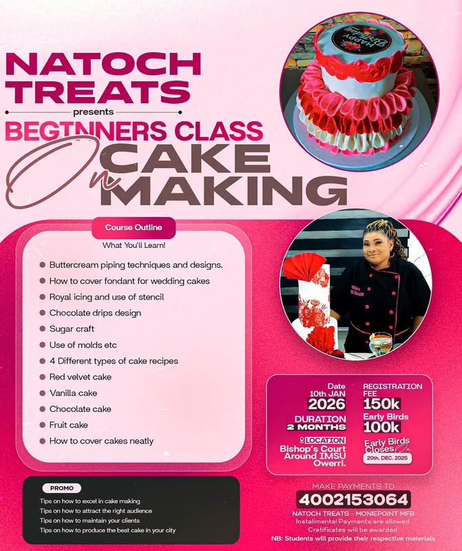 Social media post: Natoch Treats: cake making class