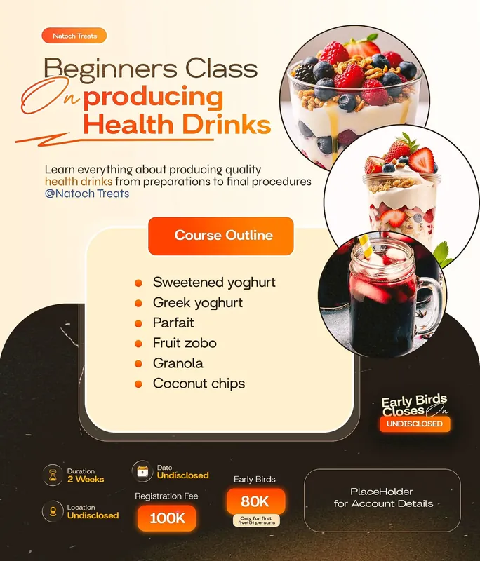 Social media post: Natoch Treats: health drinks class