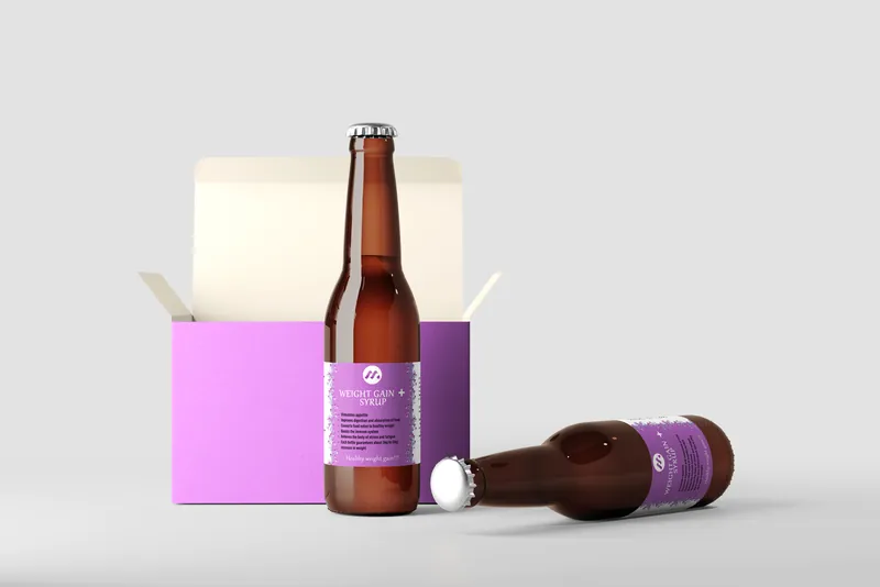 Two bottles and a lilac box