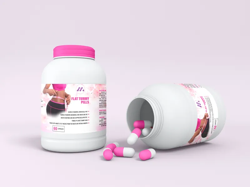 A white supplement jar with a pink label