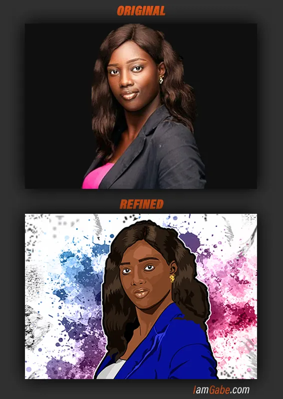 Chizy's photo above her cartoon portrait