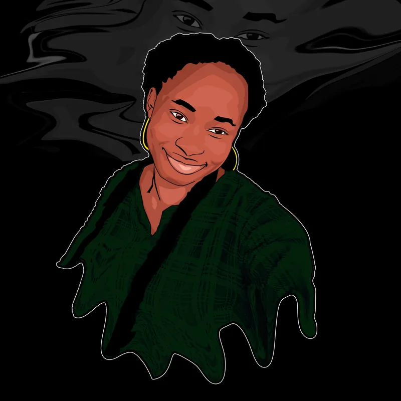 Faith's finished cartoon portrait on green