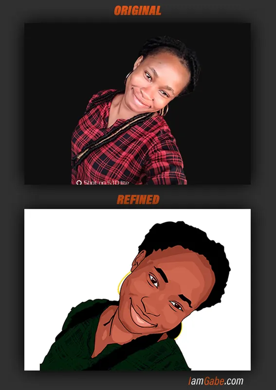 Faith's photo above her cartoon portrait