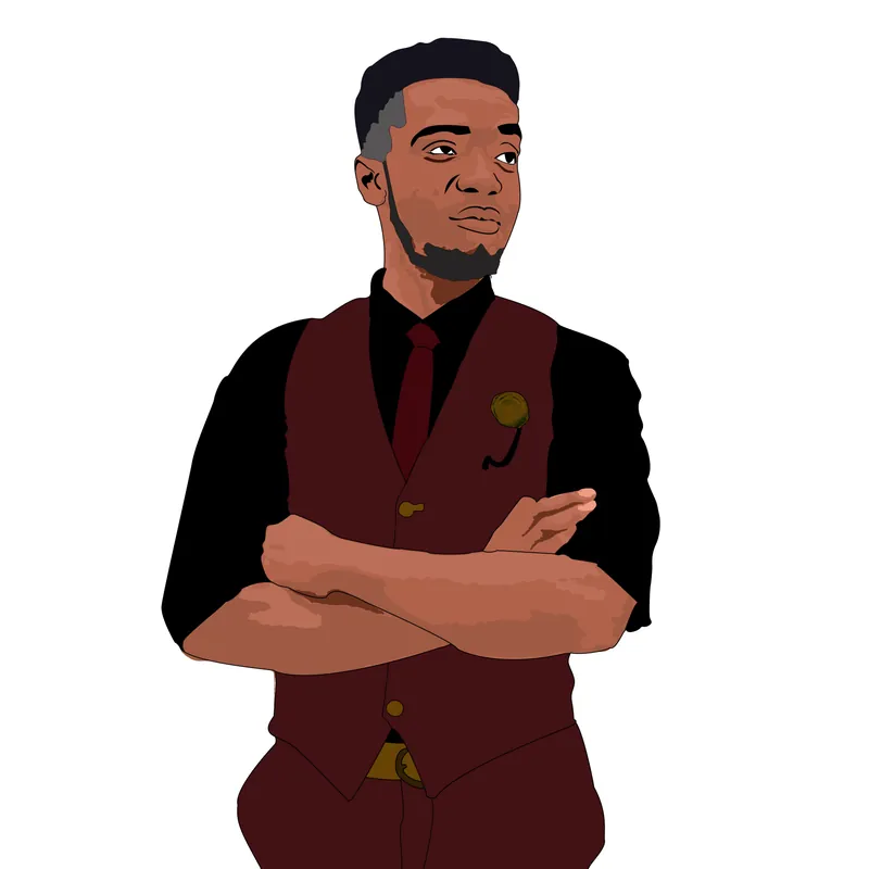 Josh's cartoon portrait in a waistcoat