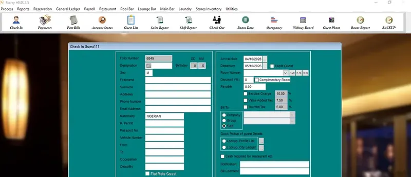 Starry HMS guest check-in screen