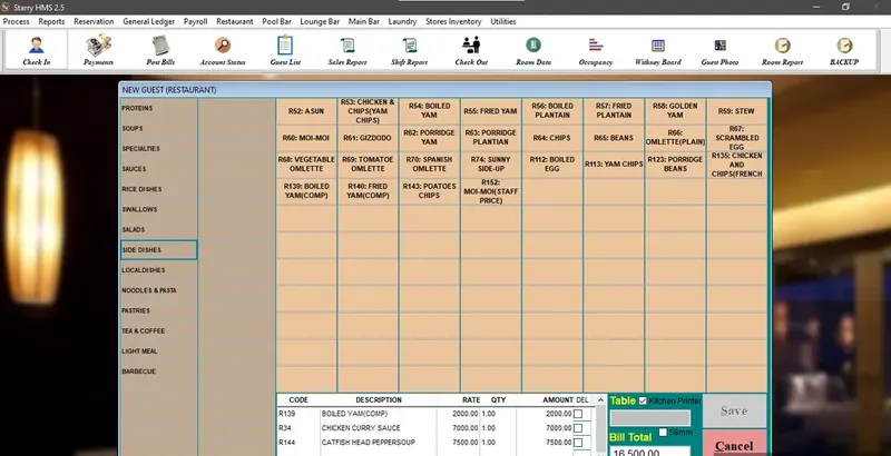Starry HMS restaurant point-of-sale screen