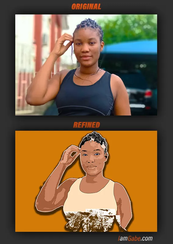 A photo of a woman above the cartoon portrait drawn from it